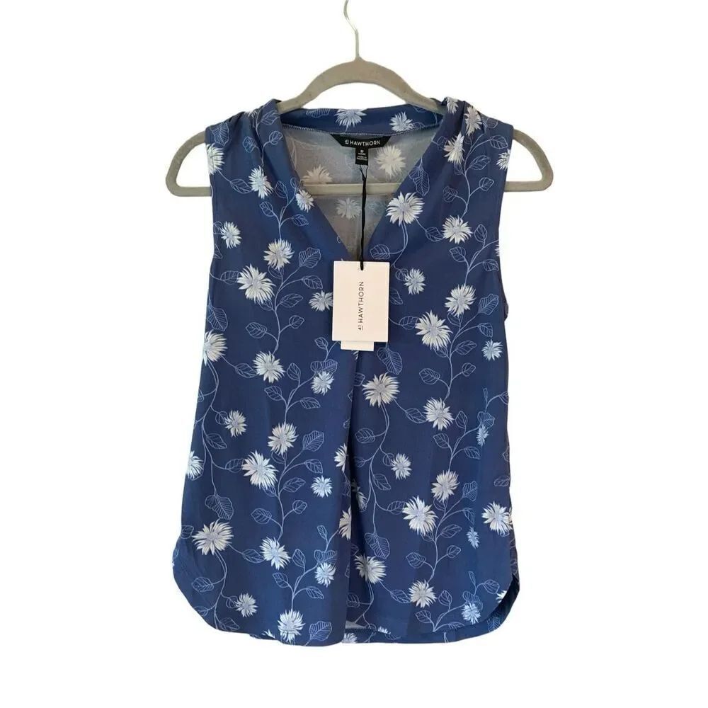 41 Hawthorn Blue Floral Slinky Sleeveless V-Neck Blouse Top Size XS Petite NWT